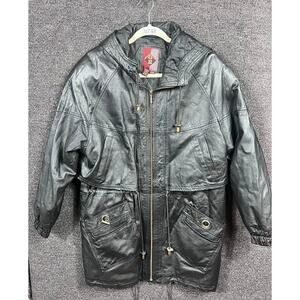 G-III 100% Leather Hooded Jacket Womens Size S Black Full Zip Biker *READ